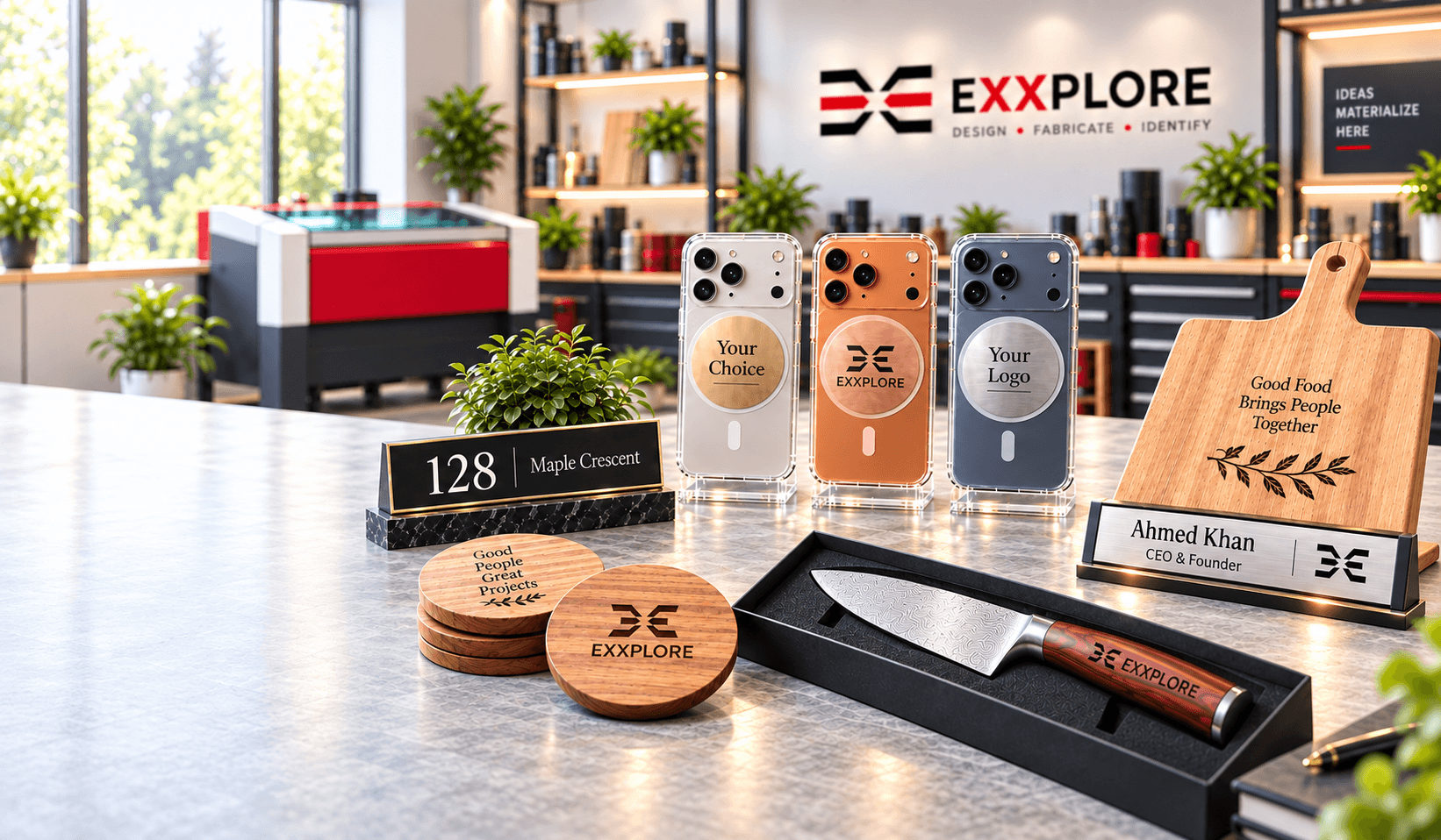 Custom EXXPLORE signage, branded products and engraved pieces
